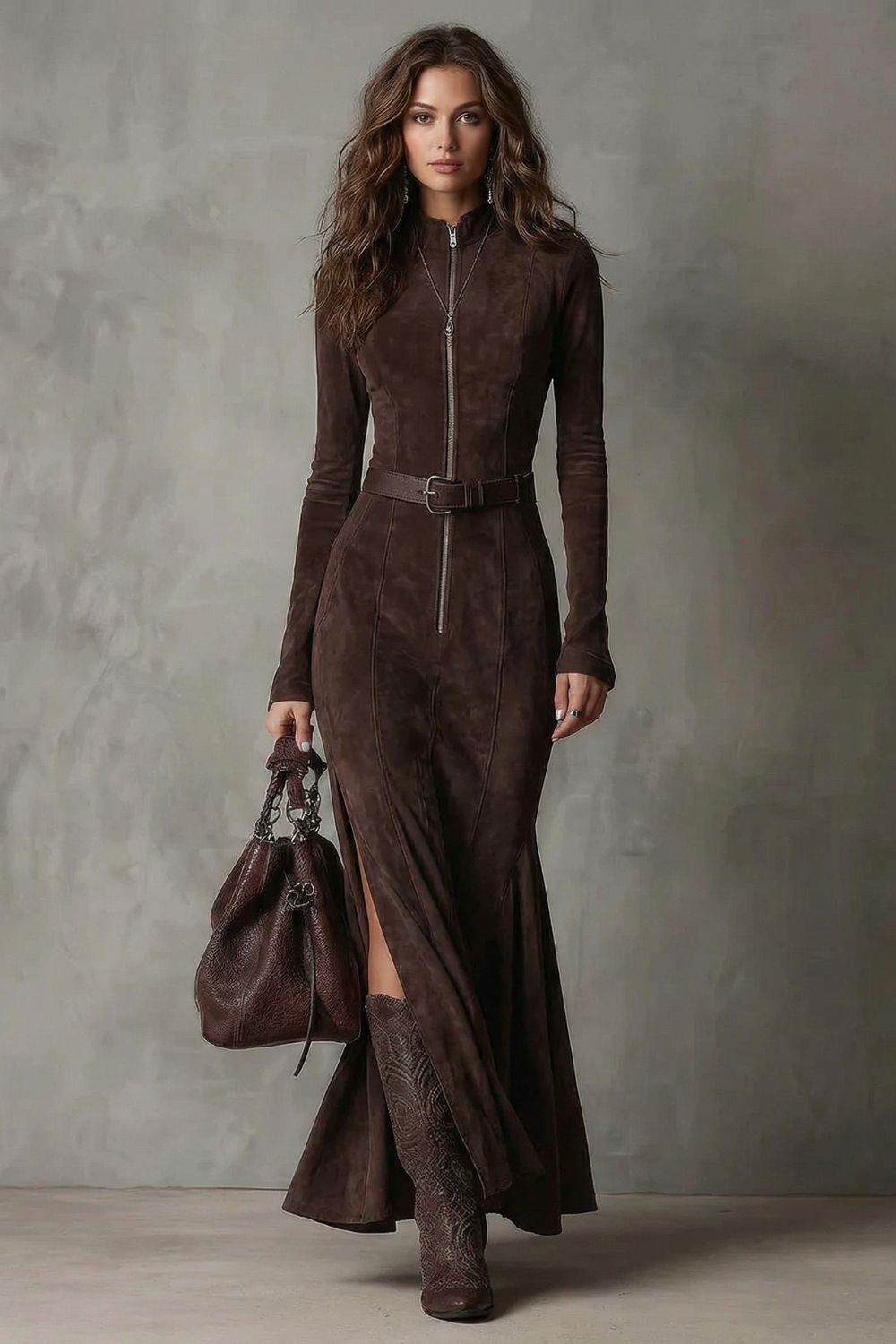 Raviona – Belted suede style – Maxi zip dress（Includes belt）