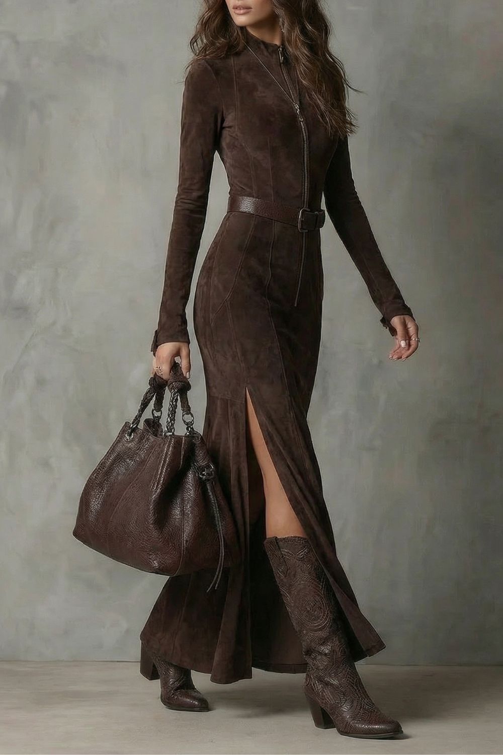Raviona – Belted suede style – Maxi zip dress（Includes belt）