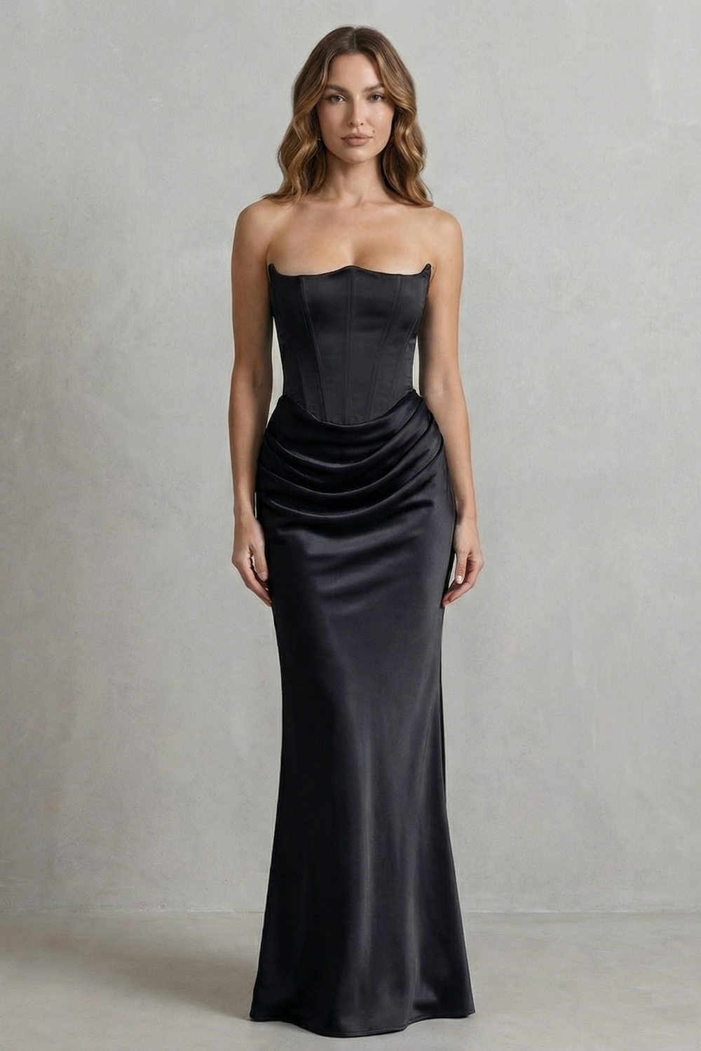 Evelisse – Sculpted satin drape – Strapless corset maxi dress