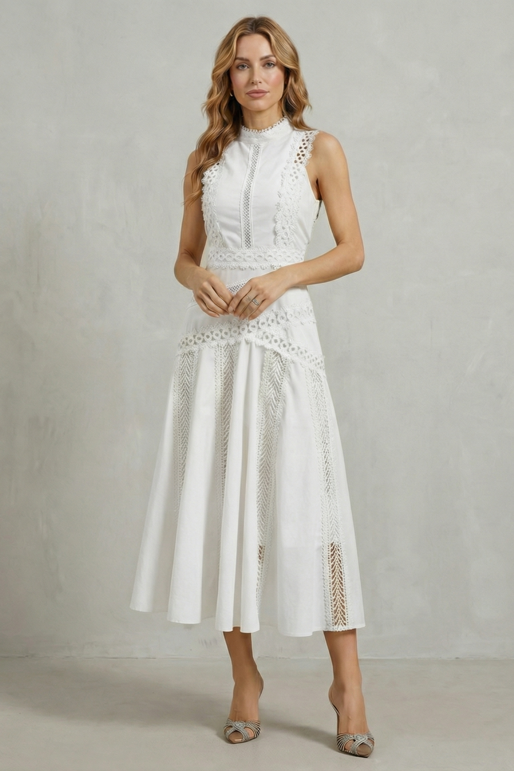 gracia midi dress Gracia Eyelet Bodice Tie Waist Midi Dress