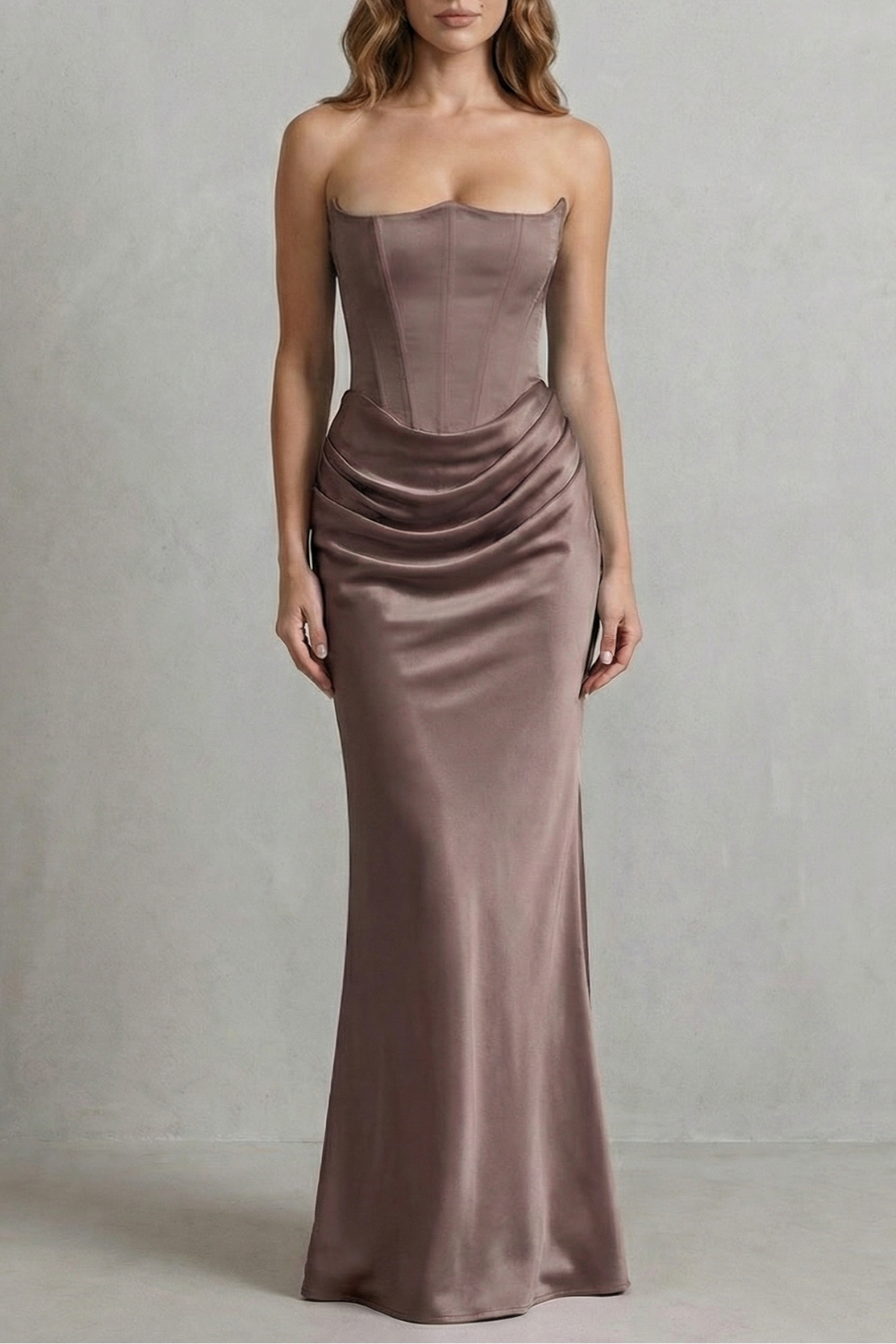 Evelisse – Sculpted satin drape – Strapless corset maxi dress