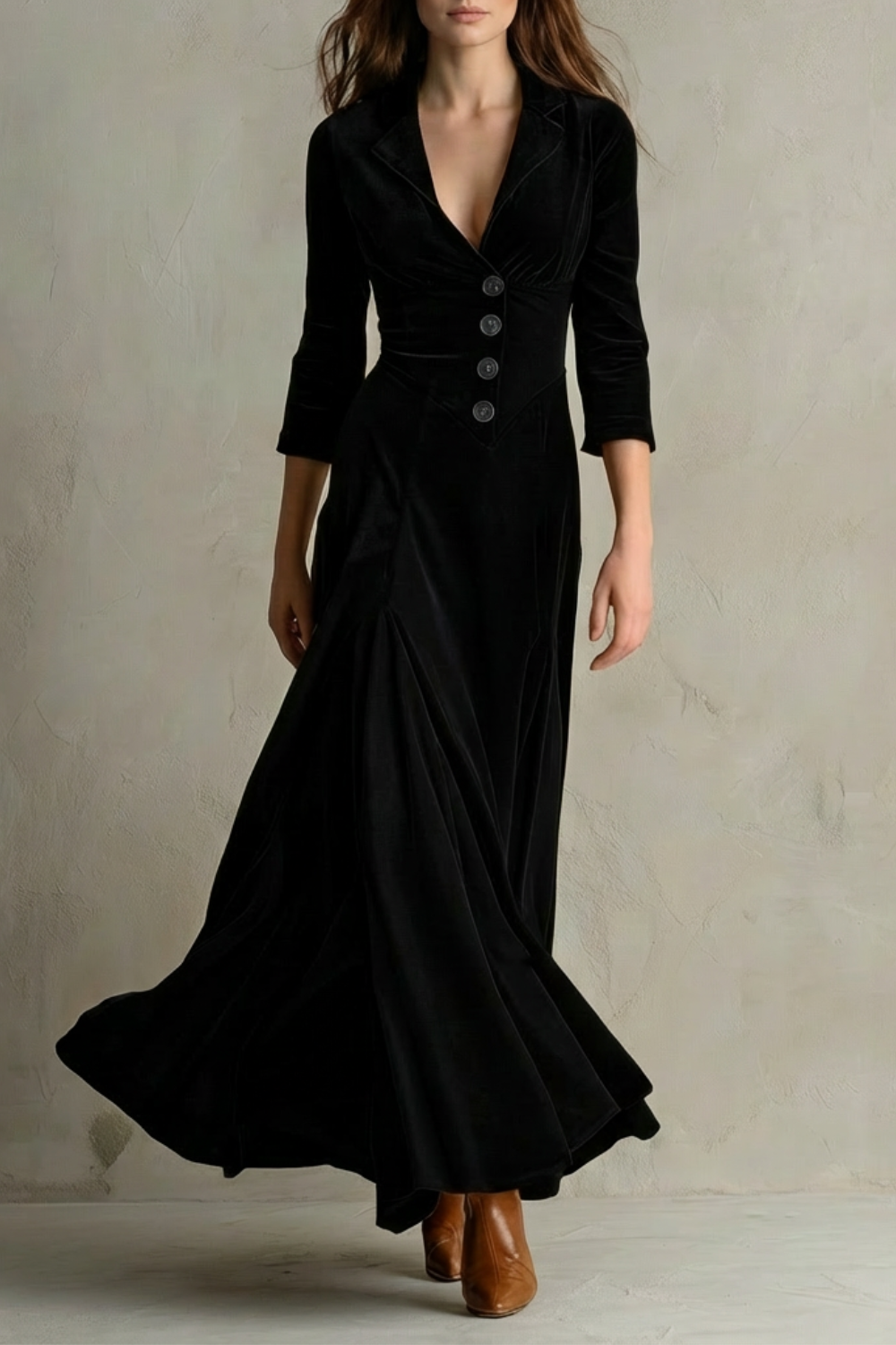 Celeste – Vintage Velvet Long Dress – Elegant Buttoned Swing Skirt with Lapel Detail