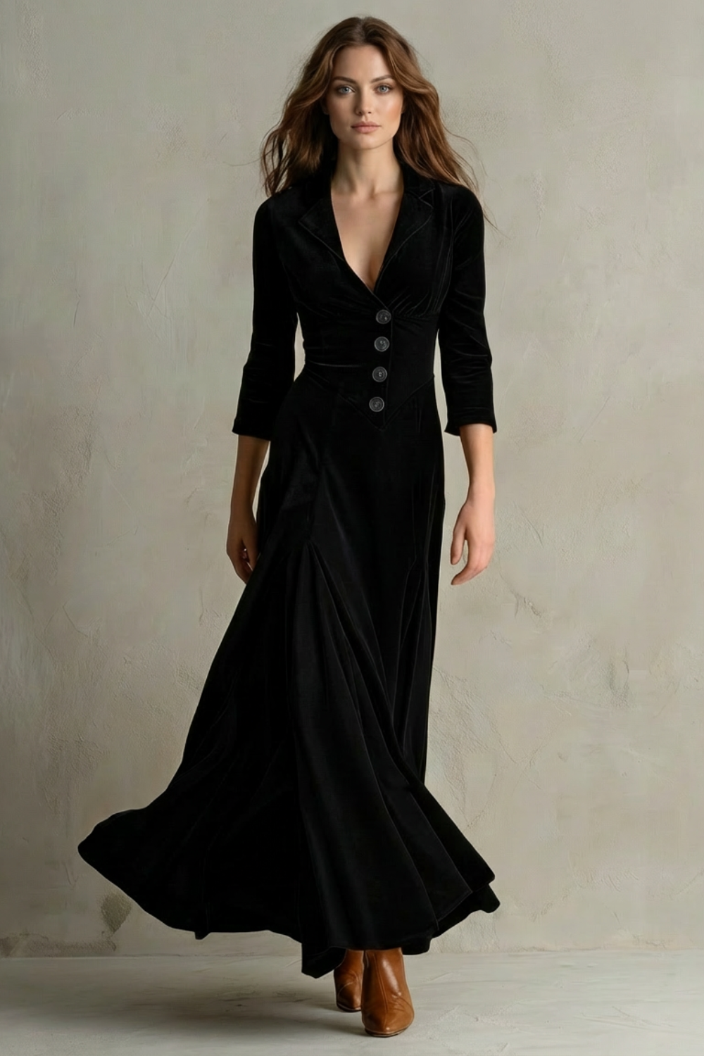 Celeste – Vintage Velvet Long Dress – Elegant Buttoned Swing Skirt with Lapel Detail