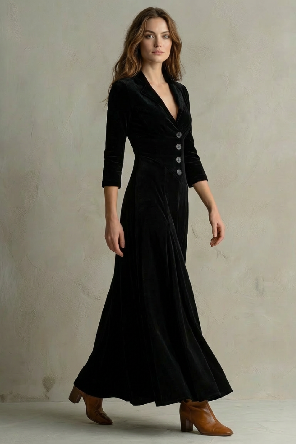 Celeste – Vintage Velvet Long Dress – Elegant Buttoned Swing Skirt with Lapel Detail
