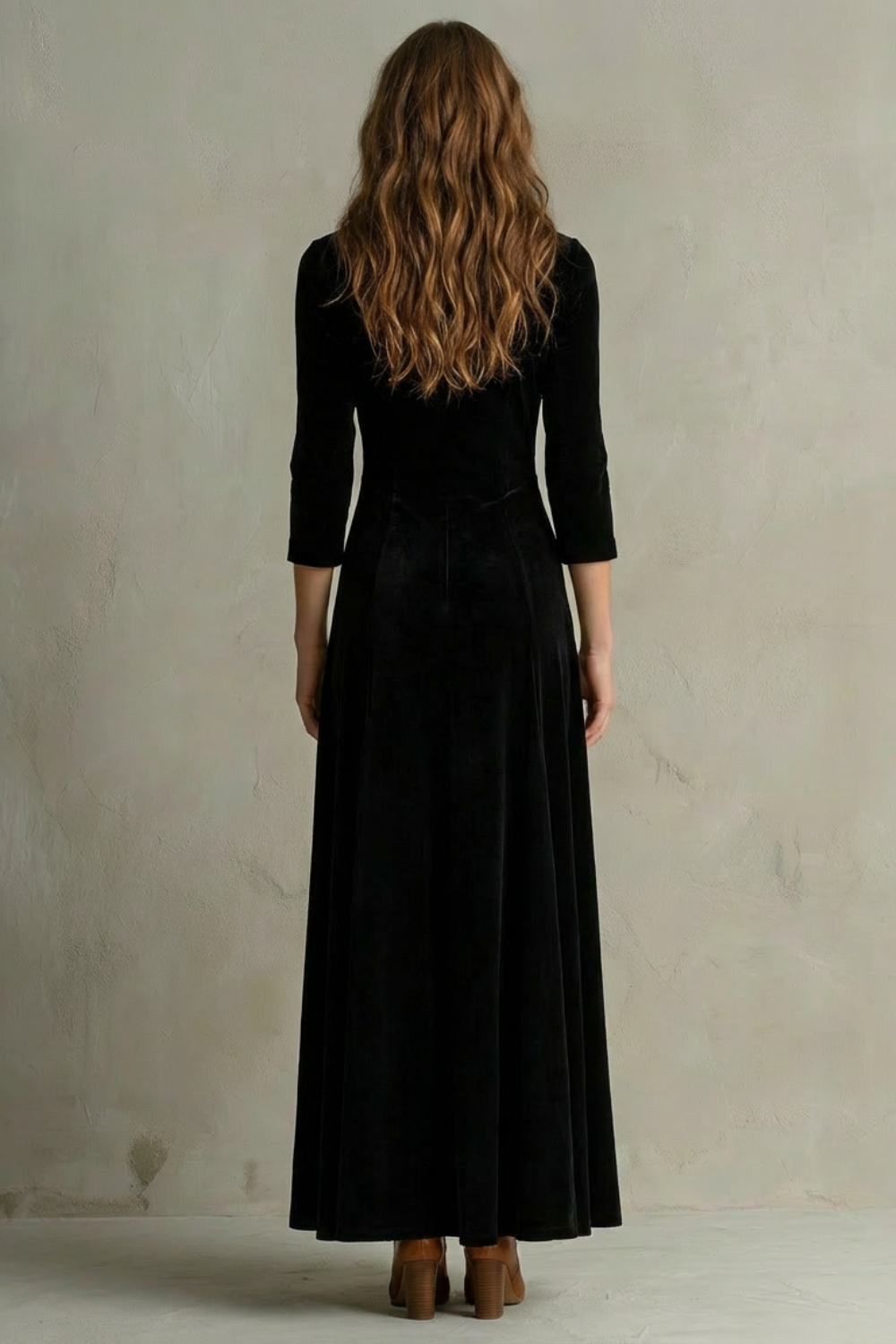 Celeste – Vintage Velvet Long Dress – Elegant Buttoned Swing Skirt with Lapel Detail
