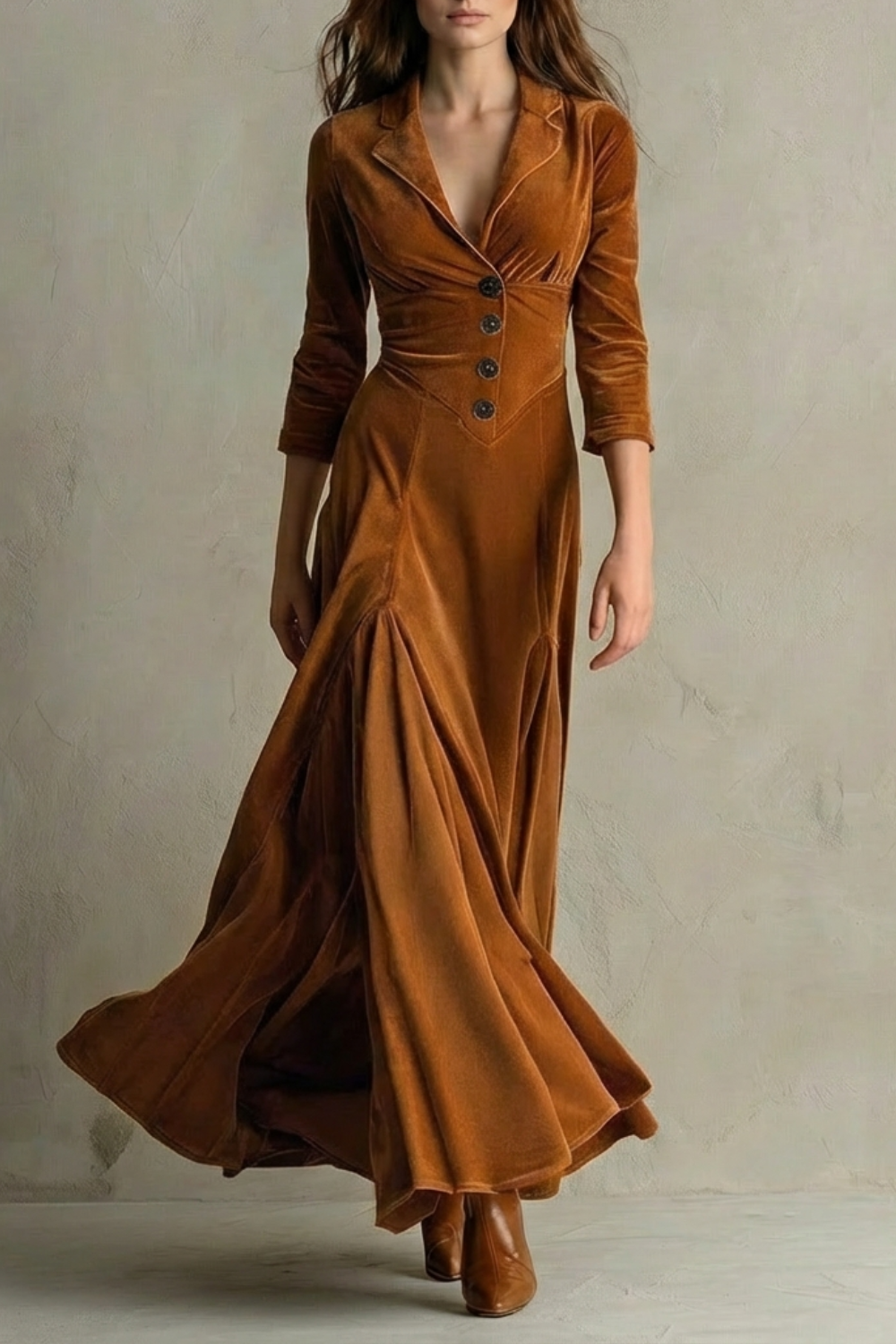 Celeste – Vintage Velvet Long Dress – Elegant Buttoned Swing Skirt with Lapel Detail