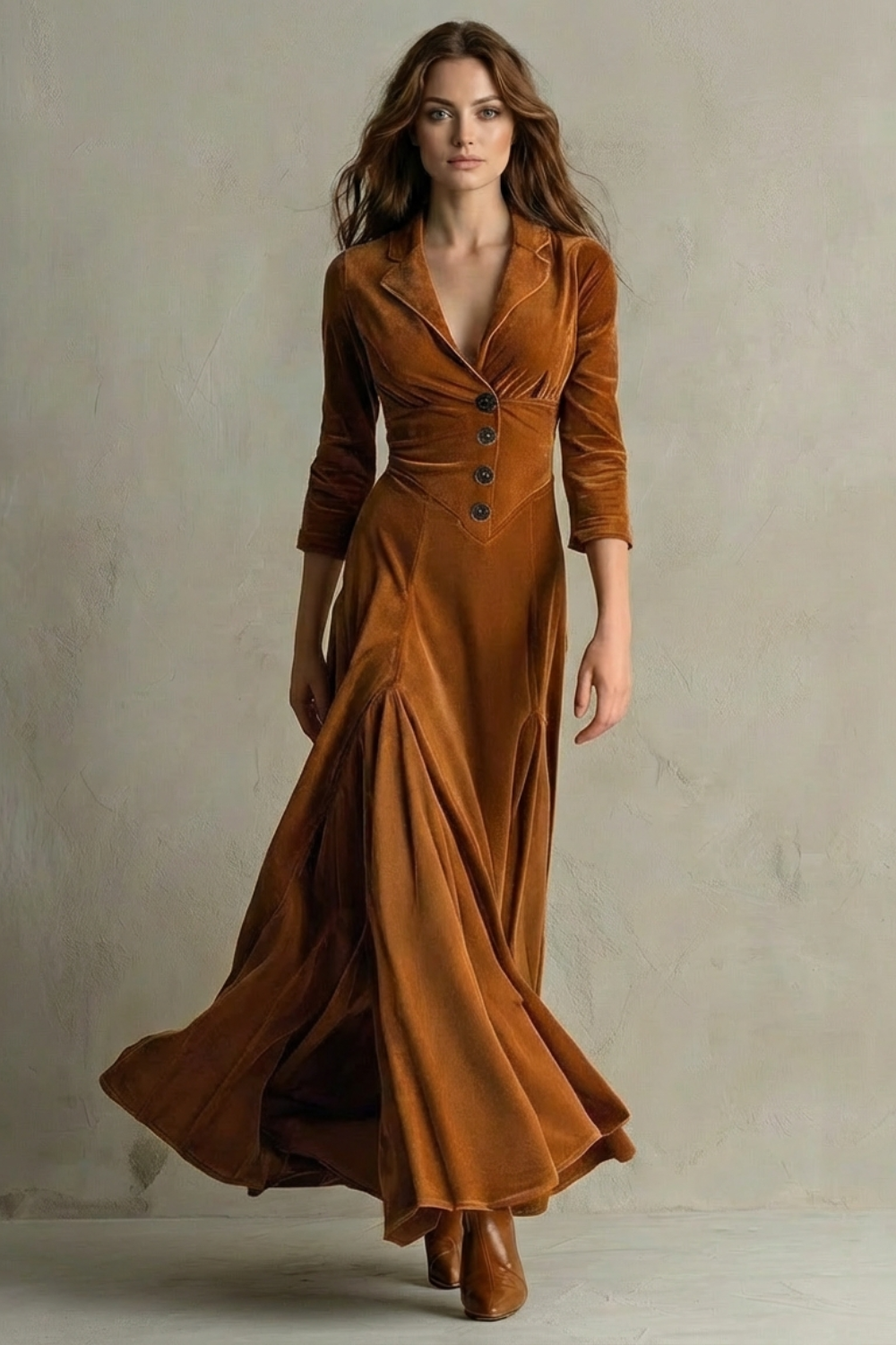 Celeste – Vintage Velvet Long Dress – Elegant Buttoned Swing Skirt with Lapel Detail