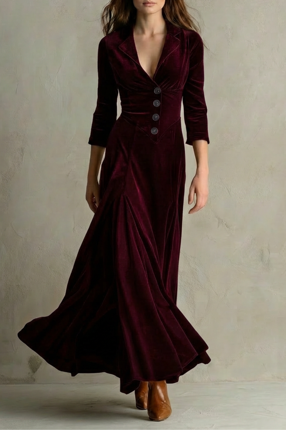 Celeste – Vintage Velvet Long Dress – Elegant Buttoned Swing Skirt with Lapel Detail