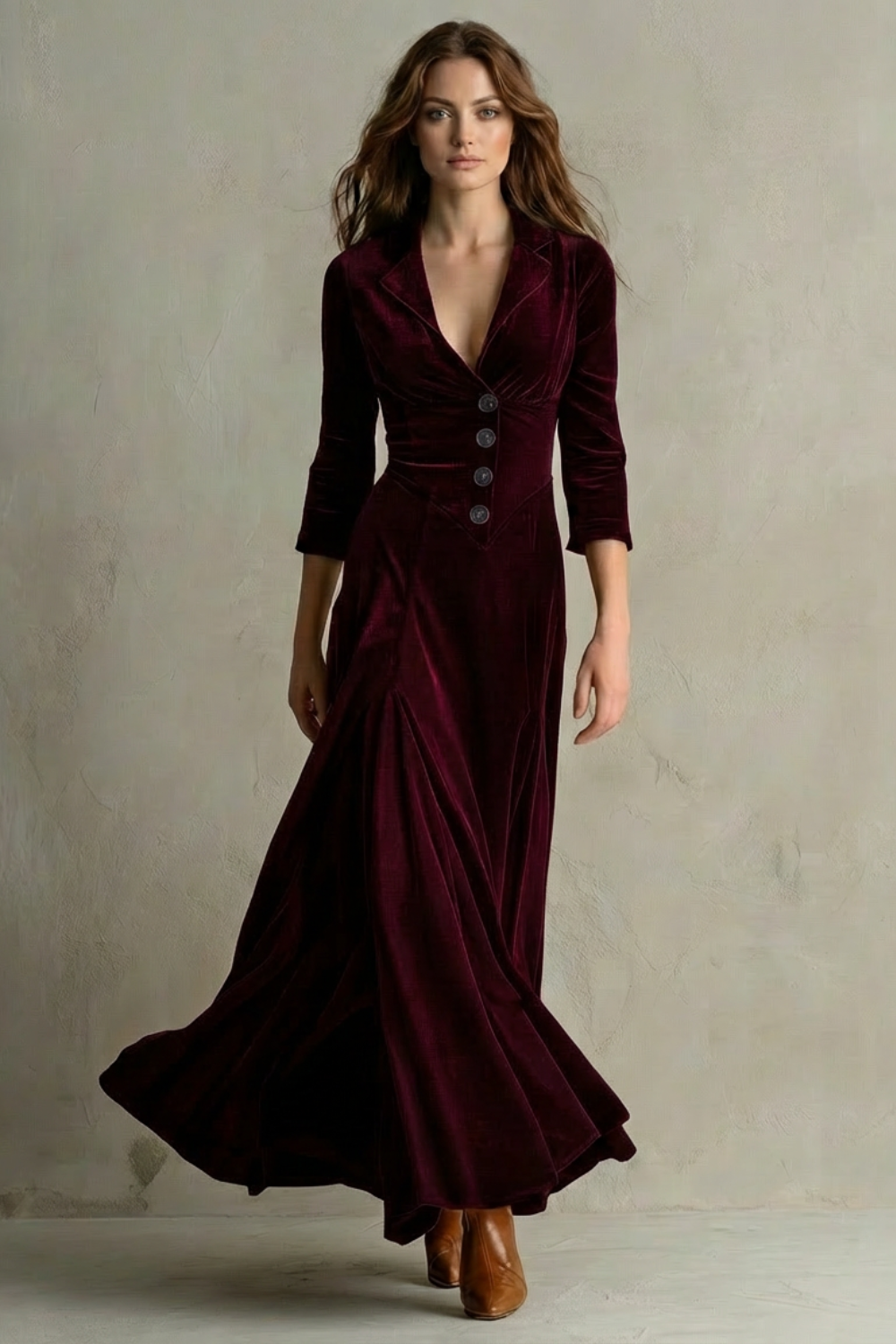 Celeste – Vintage Velvet Long Dress – Elegant Buttoned Swing Skirt with Lapel Detail
