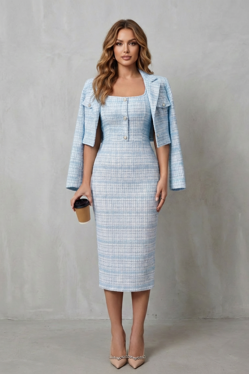midi dress elegant Bellaisie – Elegant plaid tailoring – Two-piece midi dress set