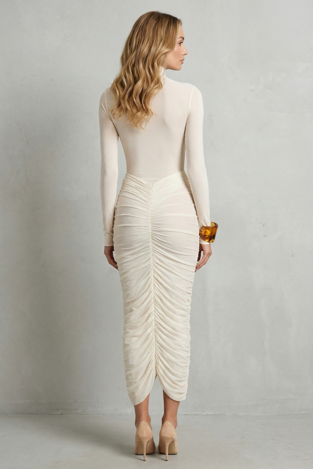 Dahlia – Sculpted elegance – Women’s High Neck Ruched Midi Dress