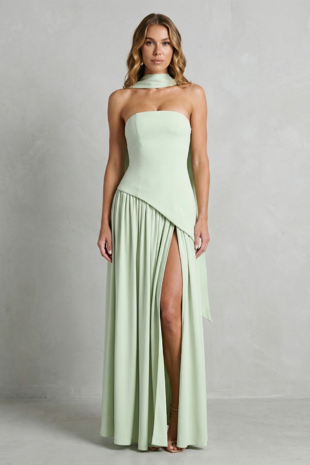 Elarisse – Asymmetric drape accent – Strapless formal gown