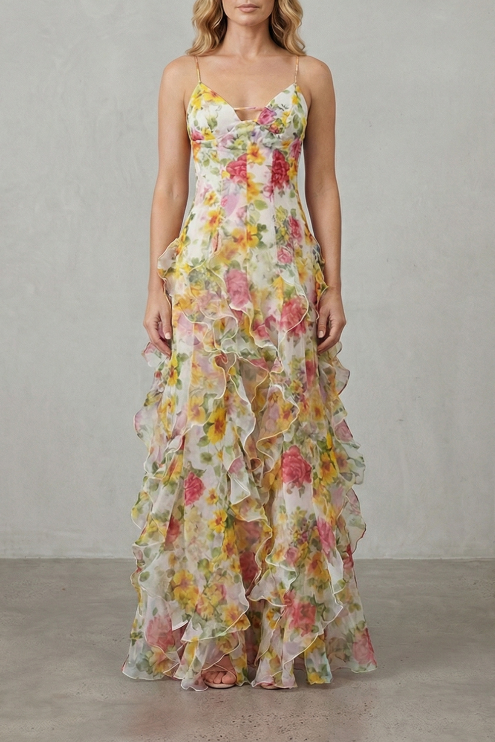 Fiorella – Watercolour bloom flow – Ruffled chiffon maxi dress