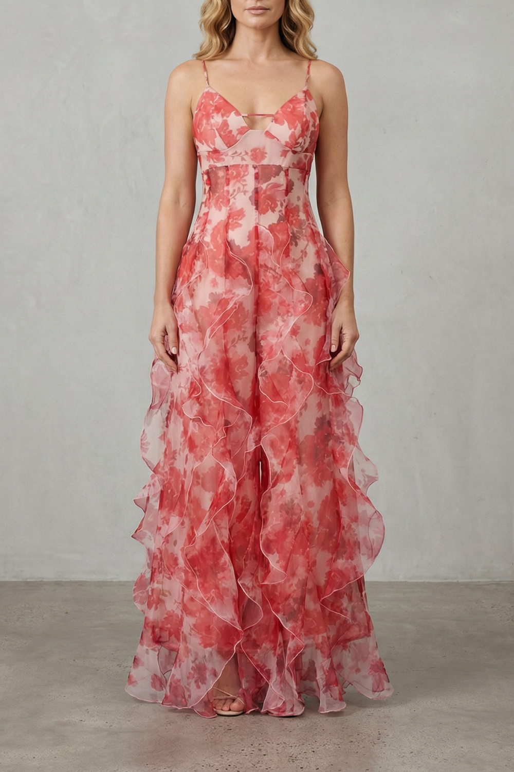 Fiorella – Watercolour bloom flow – Ruffled chiffon maxi dress