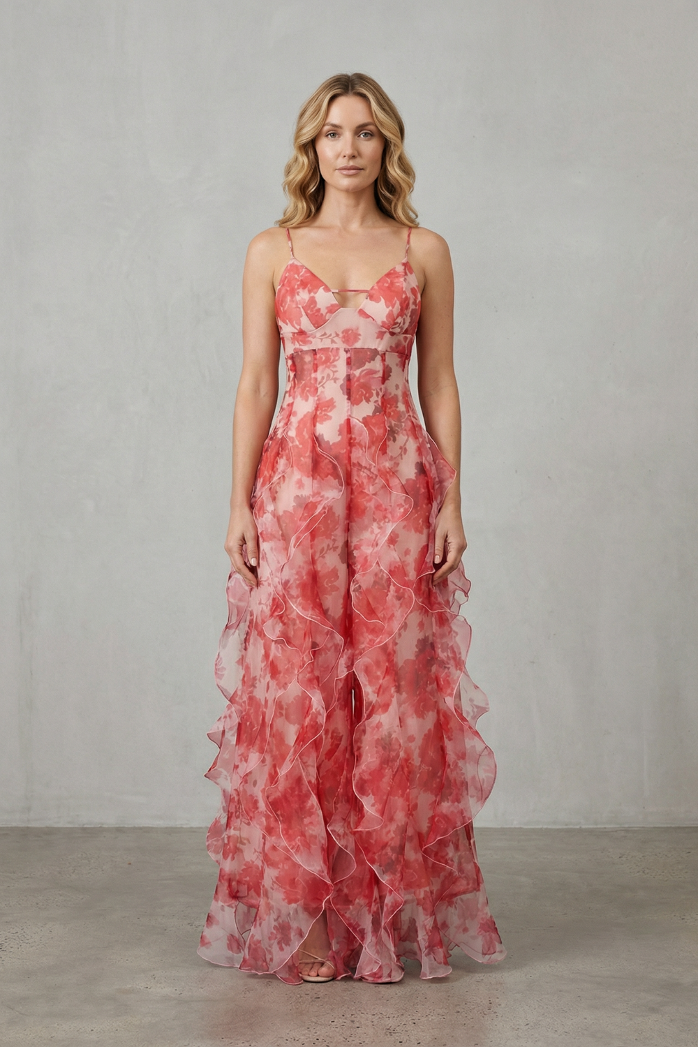 Fiorella – Watercolour bloom flow – Ruffled chiffon maxi dress