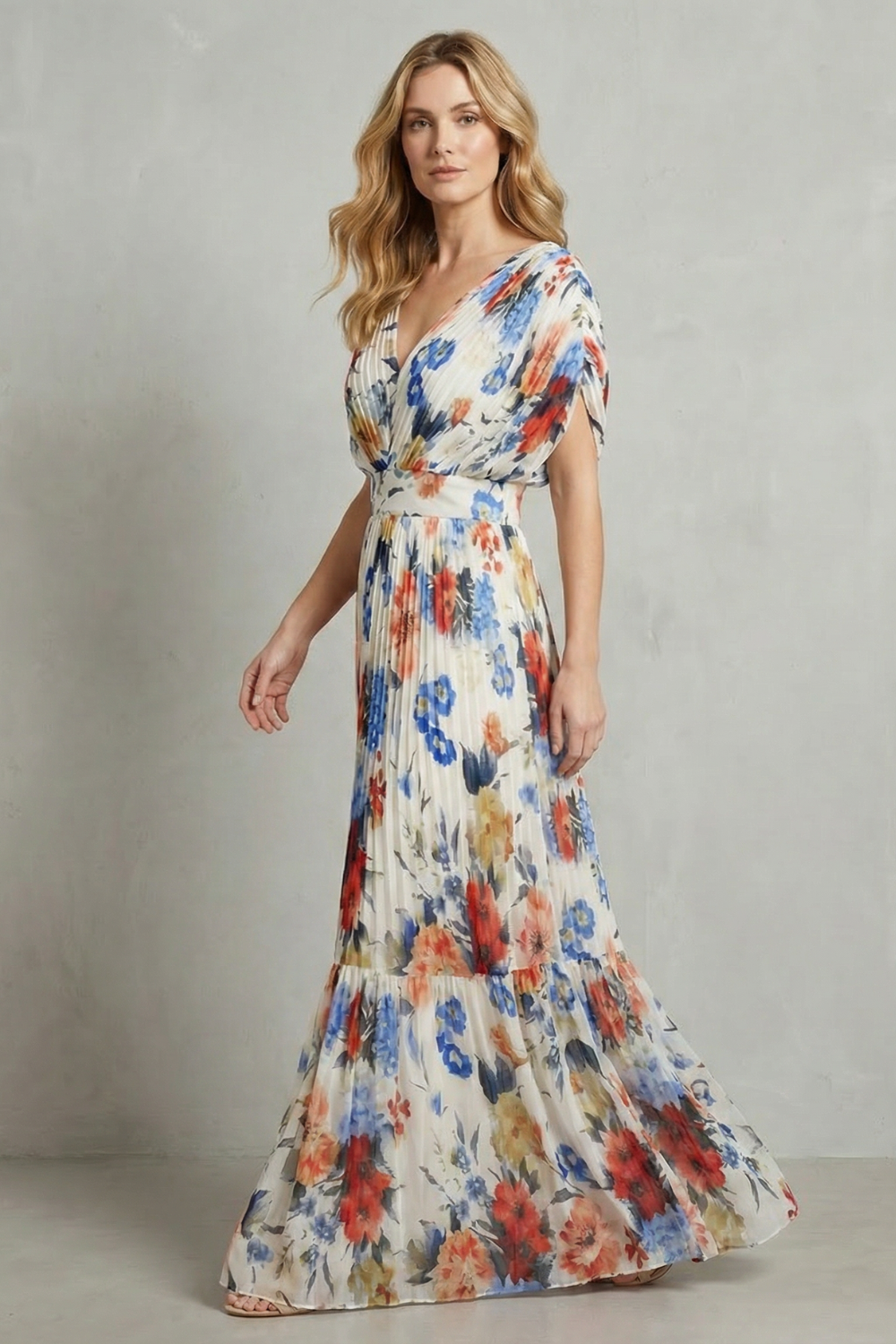 Floravienne – Pleated floral elegance – Maxi dress