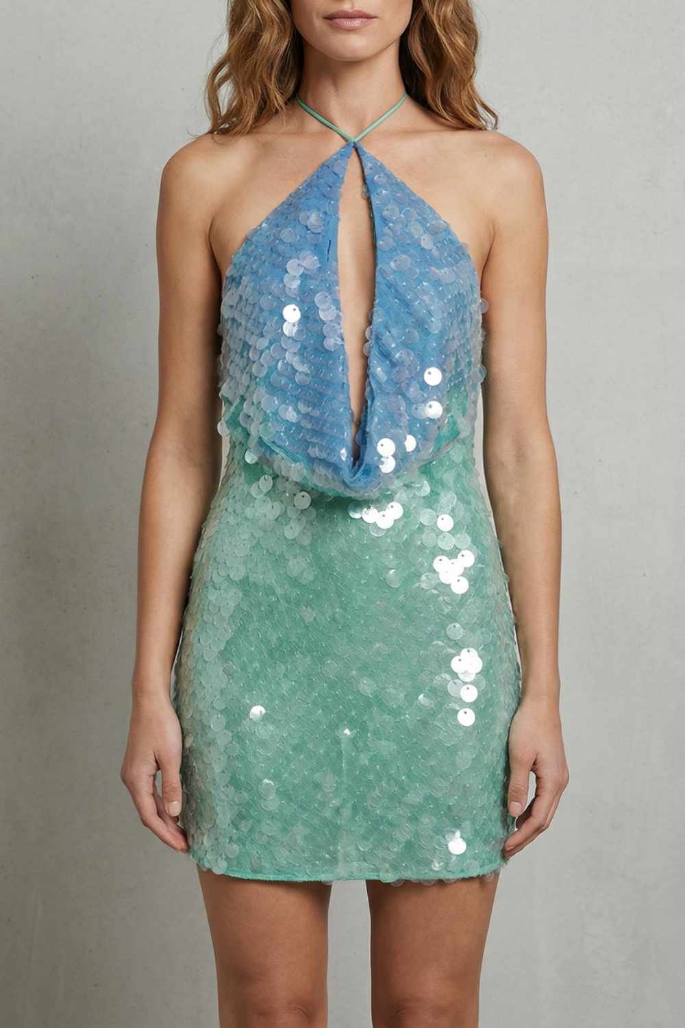 Molvina – Ocean shimmer fade – Halter sequin mini dress