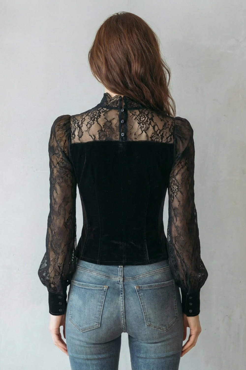 Serevine – Lace spliced elegance – Velvet fitted blouse