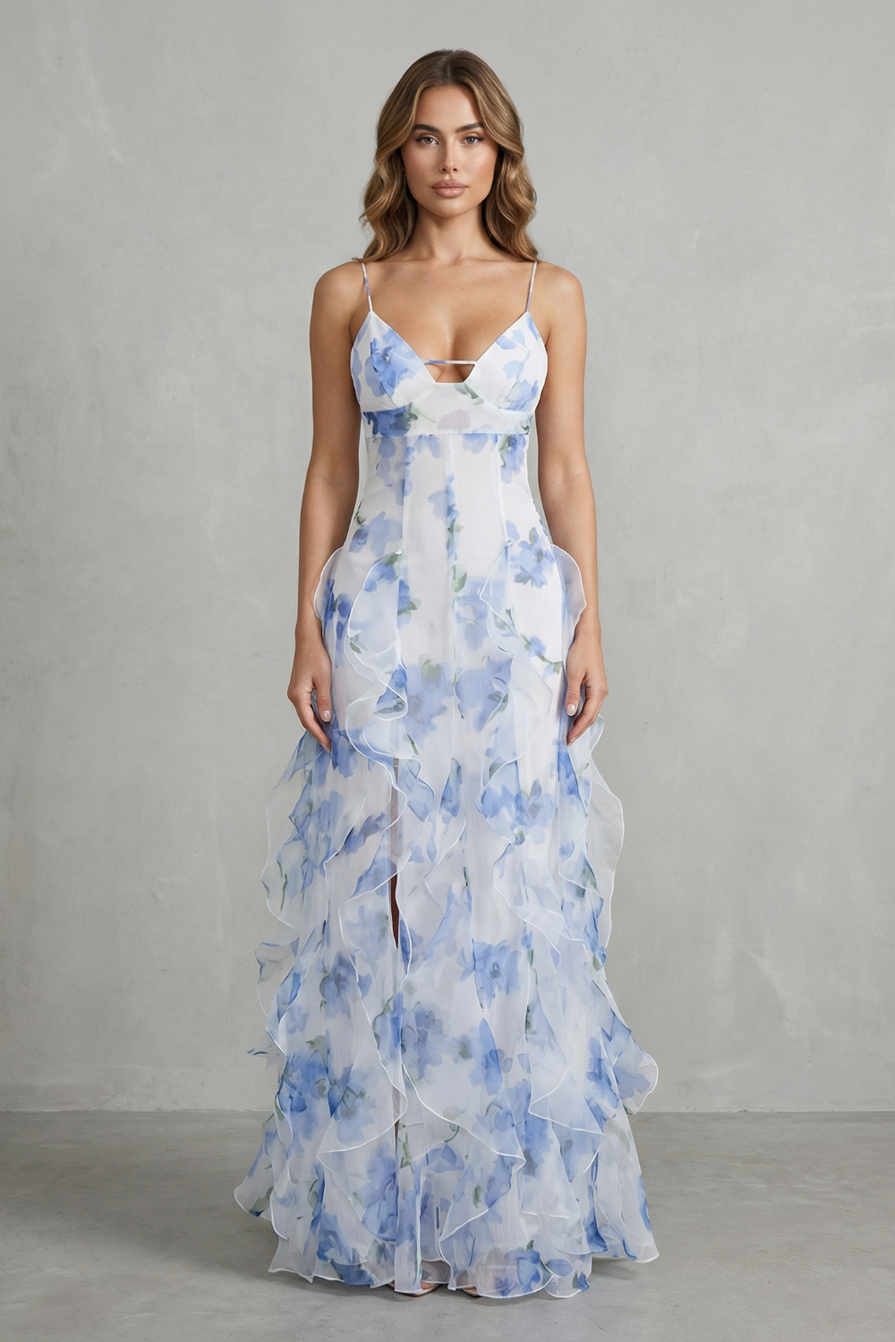 Sestina – Sheer floral cascade – Ruffled evening maxi dress
