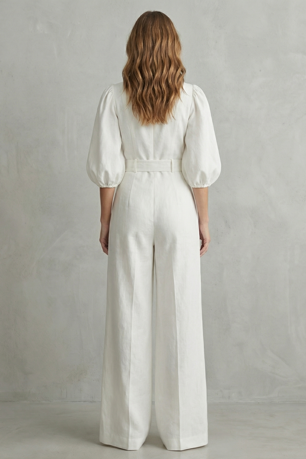 Velmora – Elegant belted puff sleeve – Wide leg jumpsuit