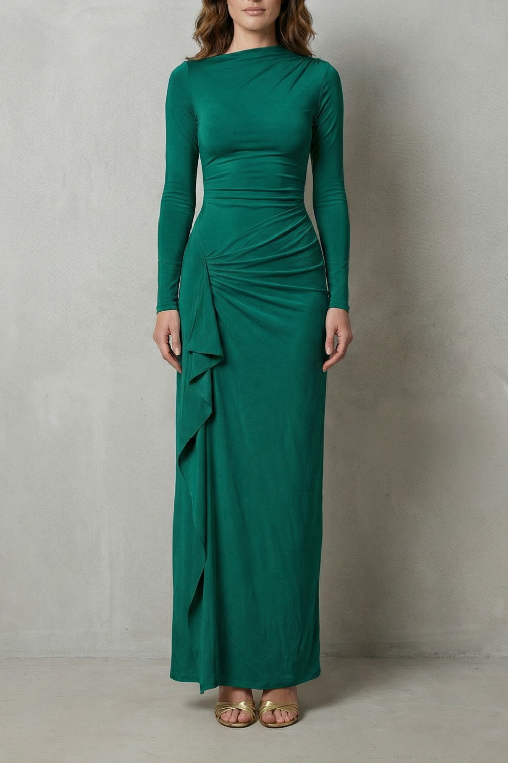Veneta – Sculpted side drape – Long sleeve maxi gown