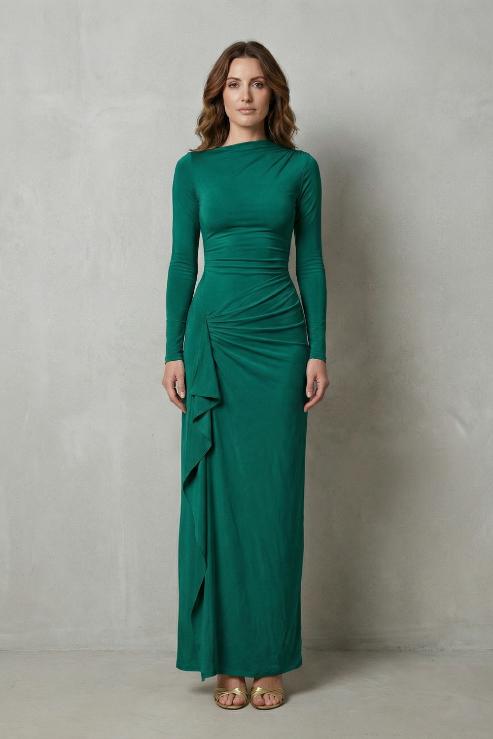 Veneta – Sculpted side drape – Long sleeve maxi gown