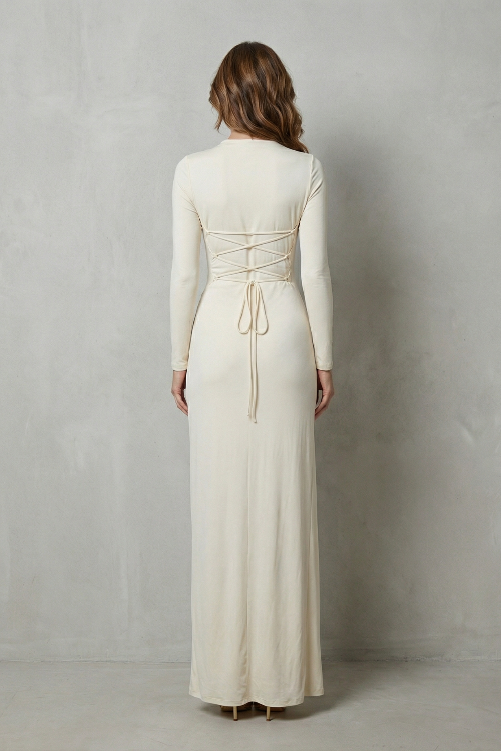 Veneta – Sculpted side drape – Long sleeve maxi gown