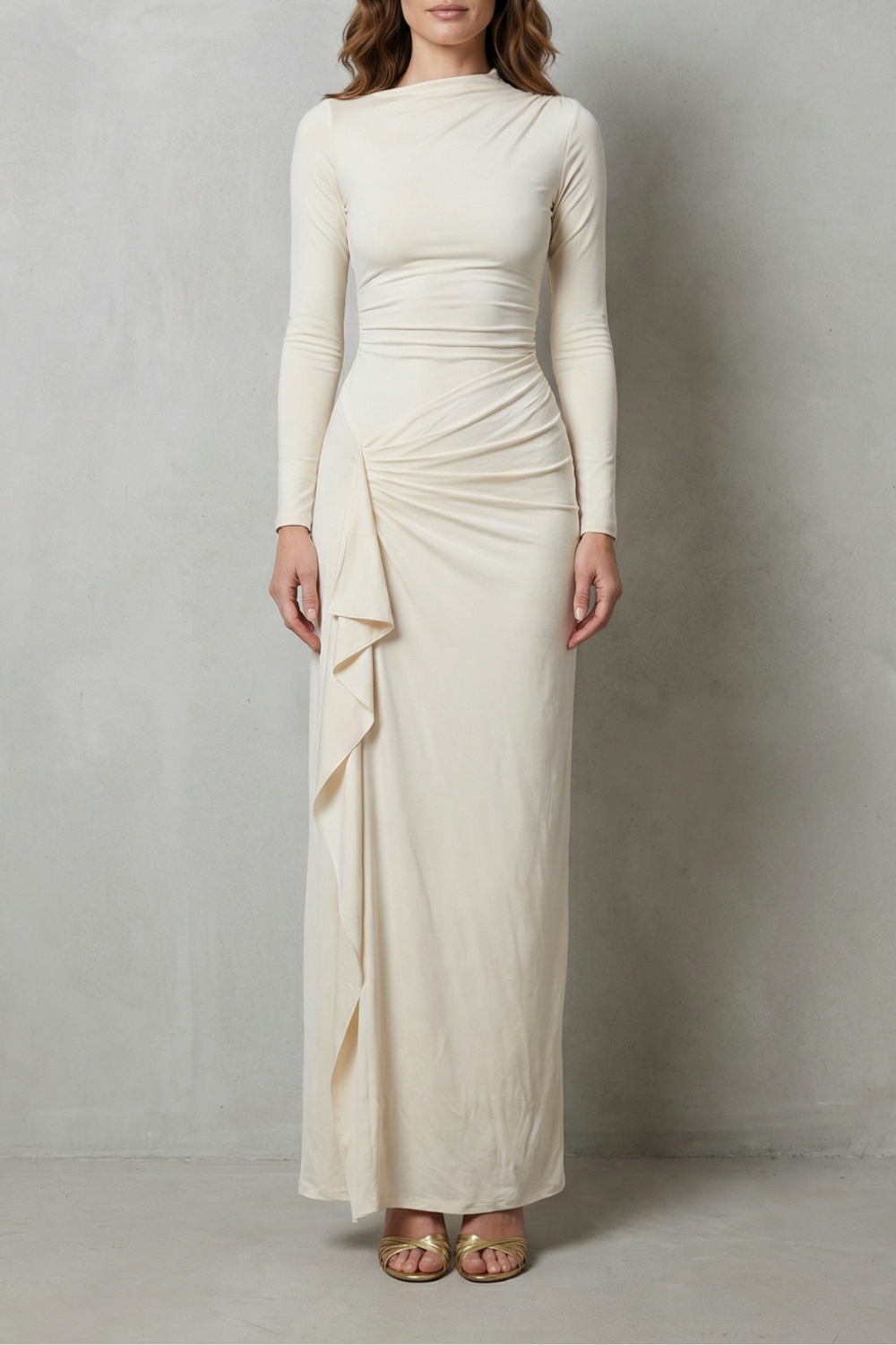 Veneta – Sculpted side drape – Long sleeve maxi gown