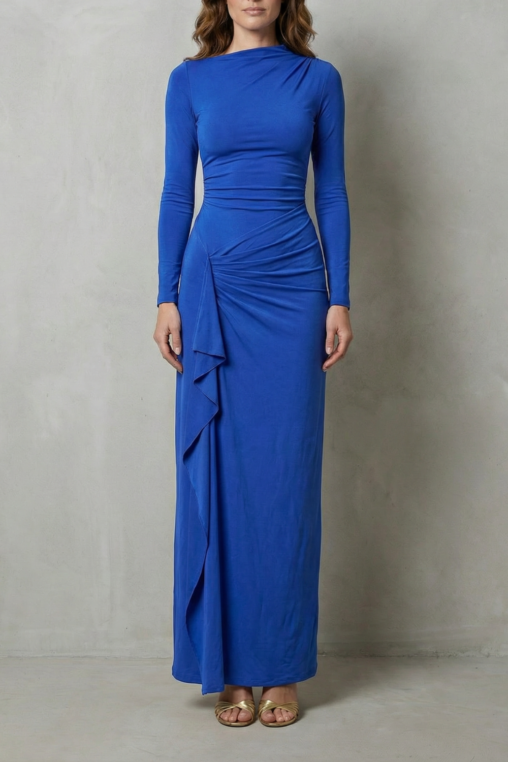 Veneta – Sculpted side drape – Long sleeve maxi gown