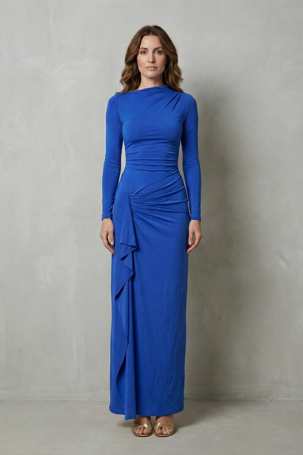Veneta – Sculpted side drape – Long sleeve maxi gown