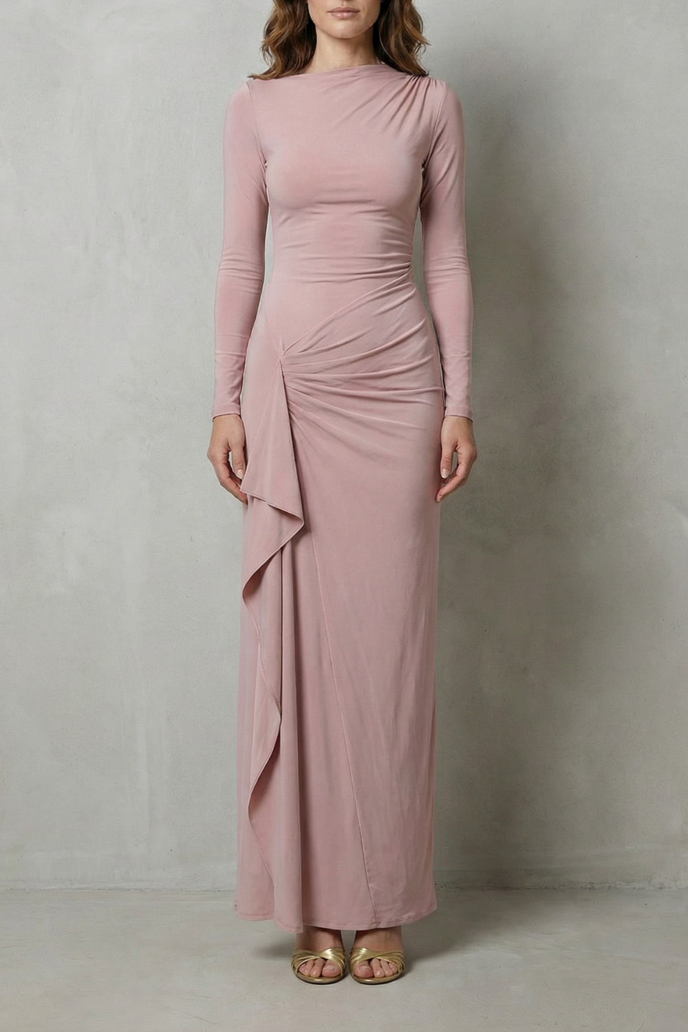 Veneta – Sculpted side drape – Long sleeve maxi gown