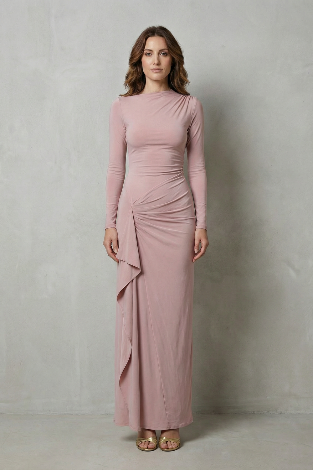 Veneta – Sculpted side drape – Long sleeve maxi gown