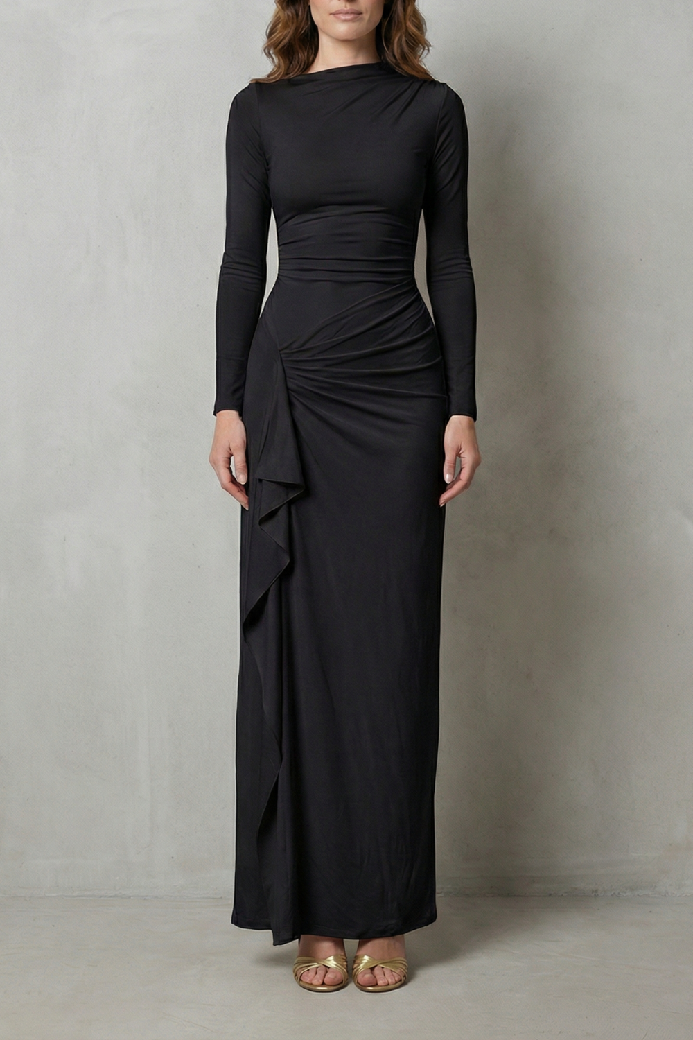 Veneta – Sculpted side drape – Long sleeve maxi gown